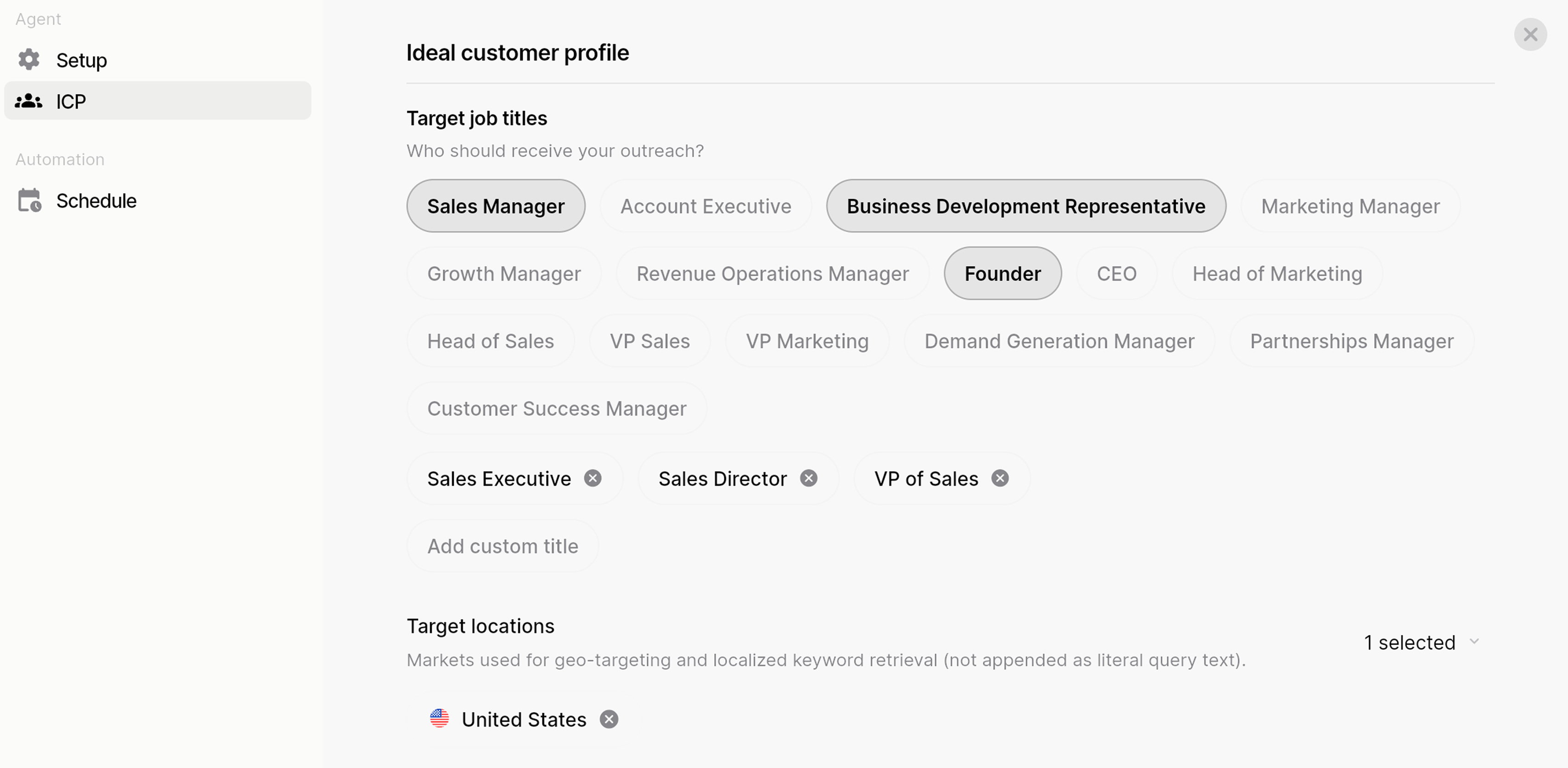 Looply ICP setup screen with target job titles and markets