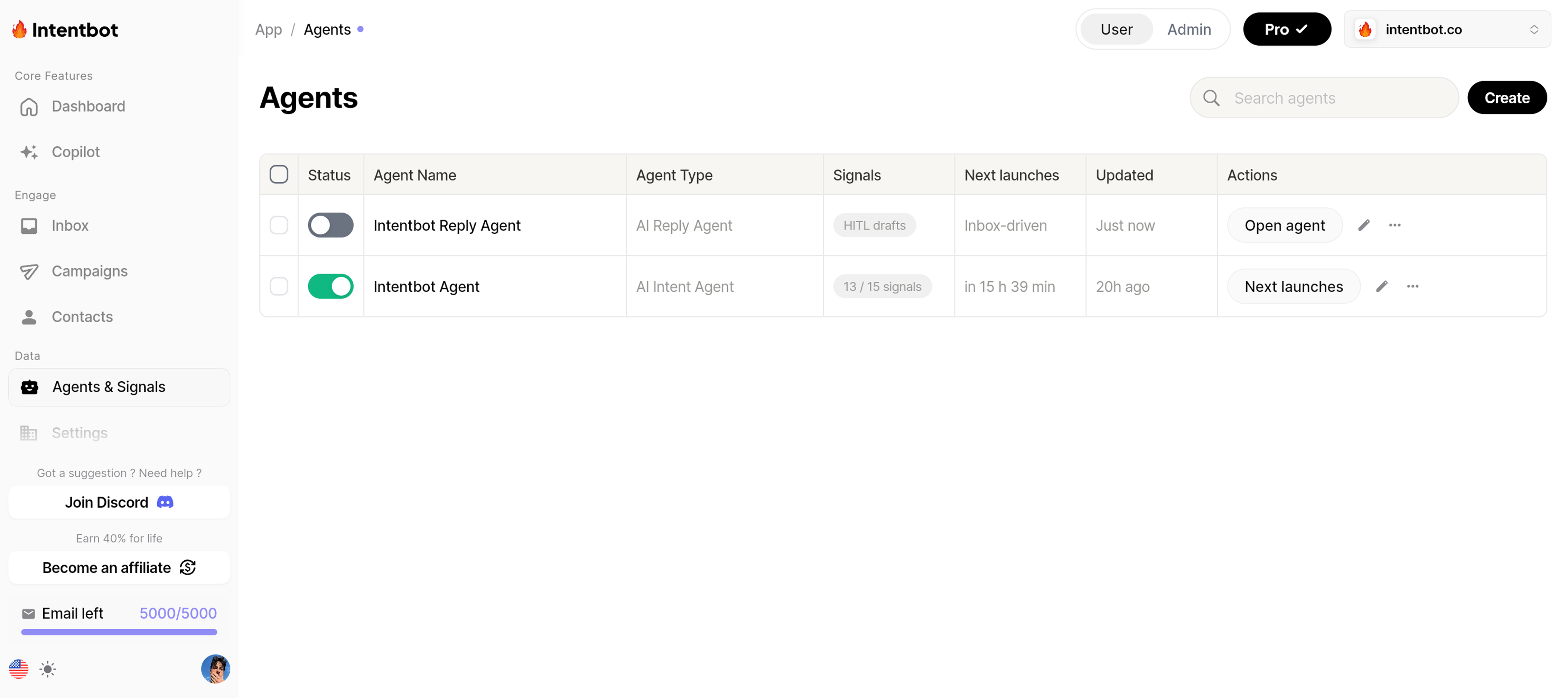 Looply agents screen with active intent agent