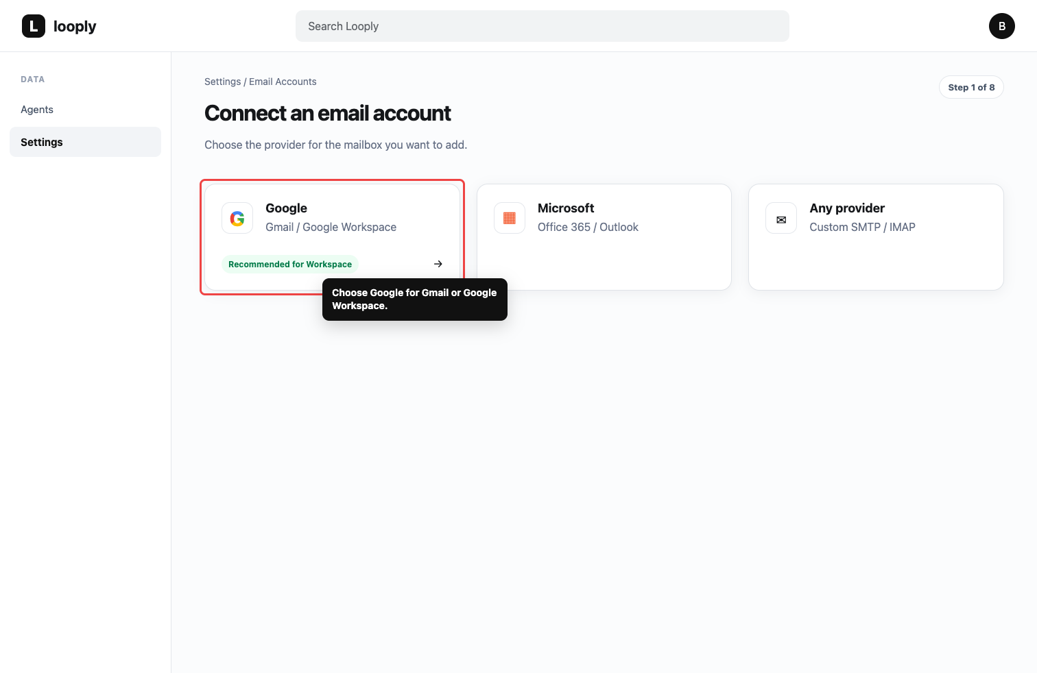 Looply Email Accounts screen with the Google provider selected