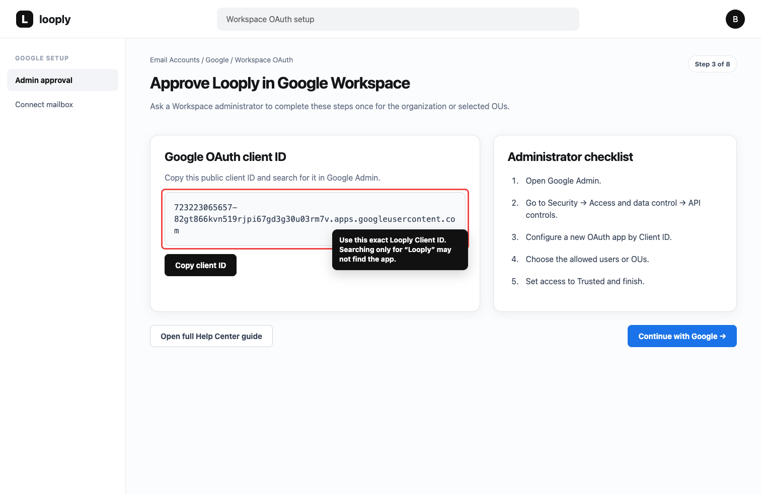 Looply Workspace OAuth setup screen showing the public Google OAuth client ID