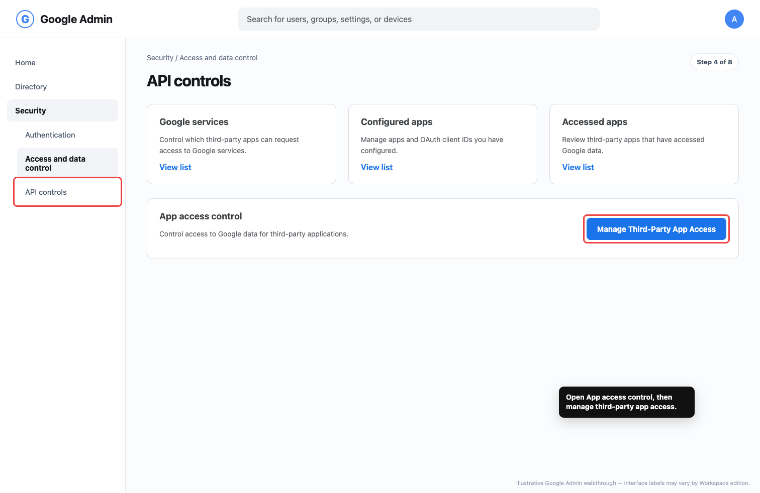 Illustrative Google Admin API controls screen highlighting third-party app access