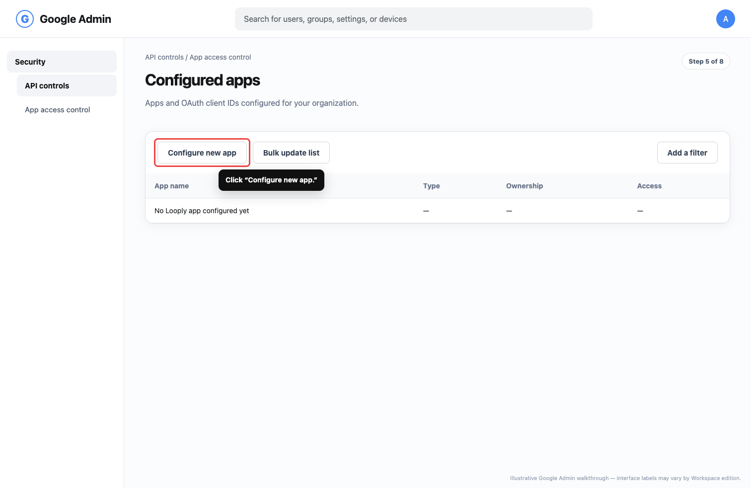 Illustrative Google Admin configured apps screen highlighting Configure new app