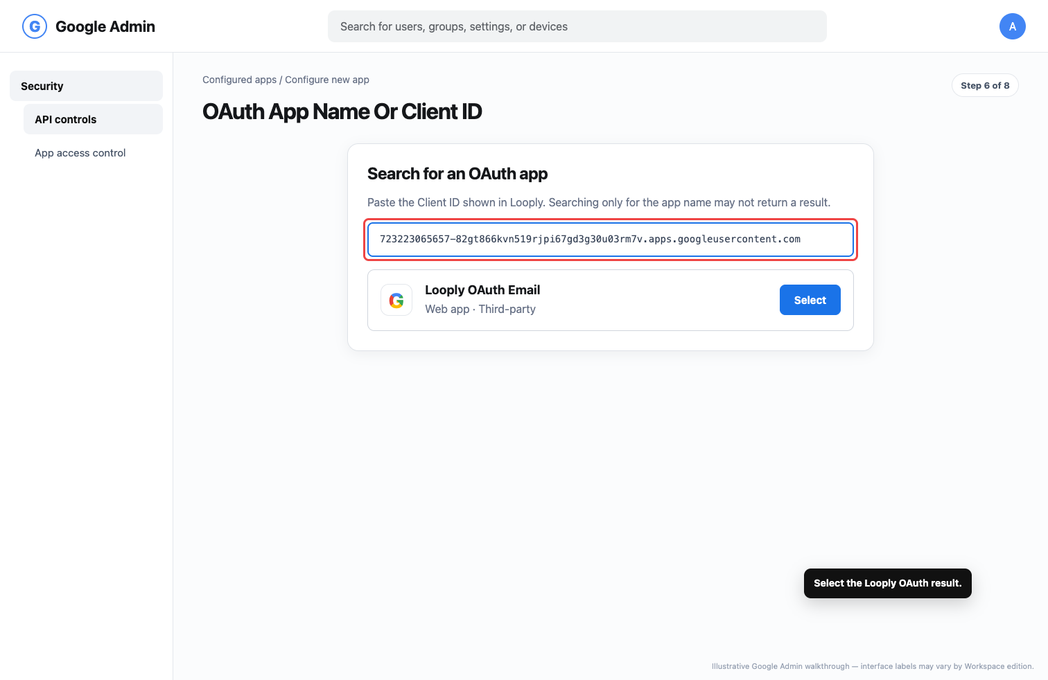 Illustrative Google Admin OAuth app search showing the Looply client ID and app result