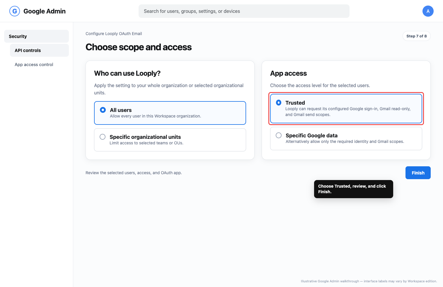Illustrative Google Admin app configuration showing users and trusted access