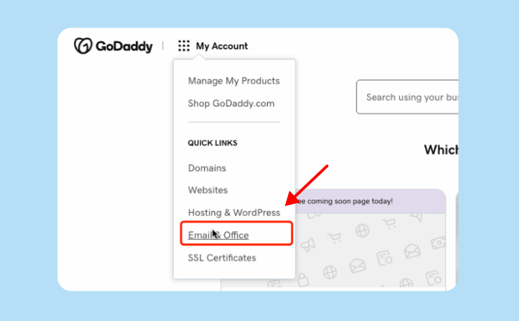 GoDaddy account menu highlighting Email and Office