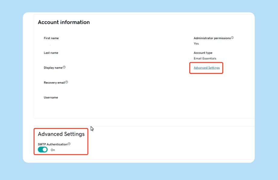 GoDaddy Advanced Settings showing SMTP Authentication enabled