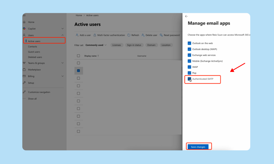 Microsoft Admin Center Manage email apps panel with IMAP and Authenticated SMTP enabled