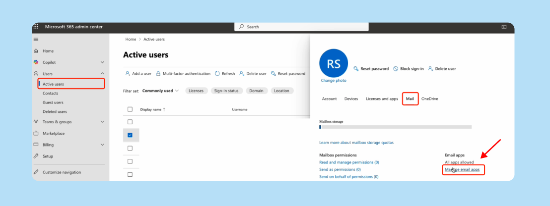 Microsoft Admin Center Mail tab showing Manage email apps